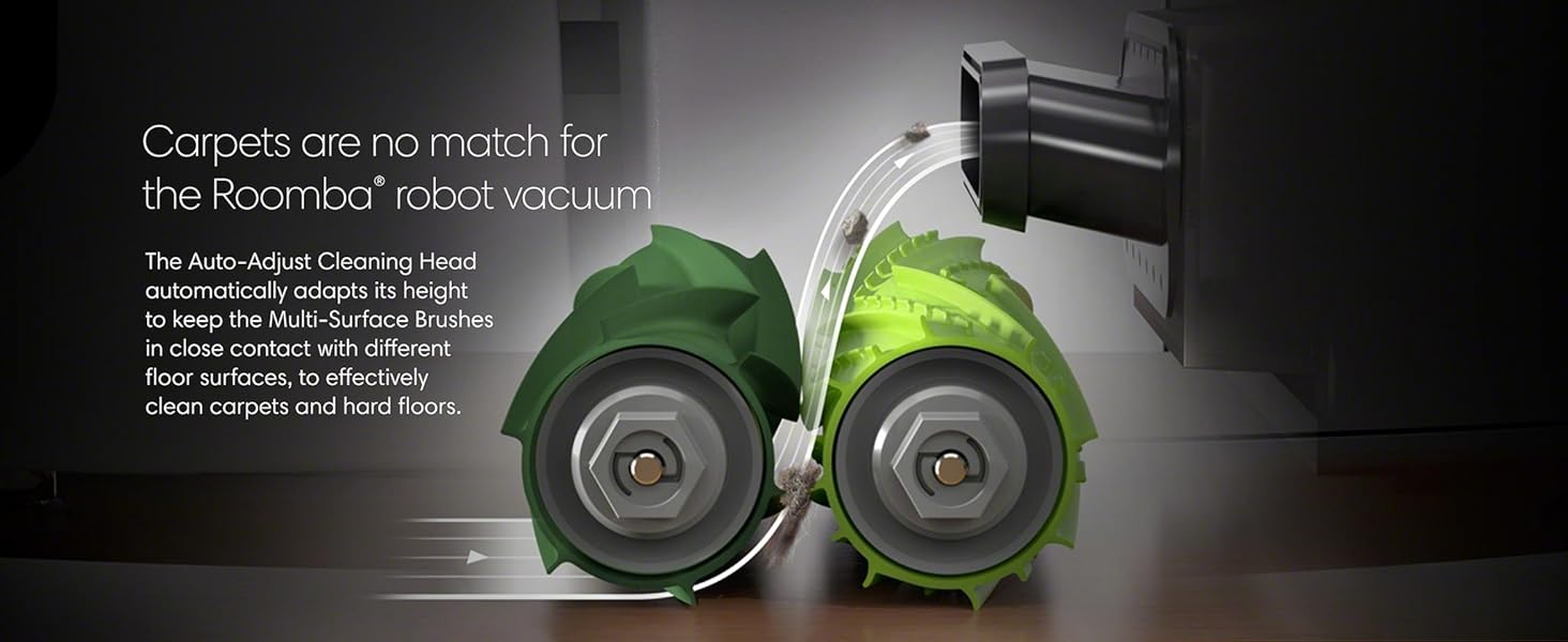 A robotic vacuum cleaning a carpeted floor, highlighting its ability to clean various surfaces.